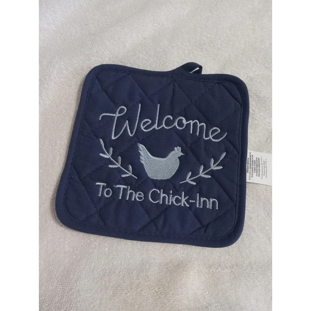 Quilted Potholder Set of 6 Funny Embroidered‎ Sayings Kitchen Decor Navy Blue